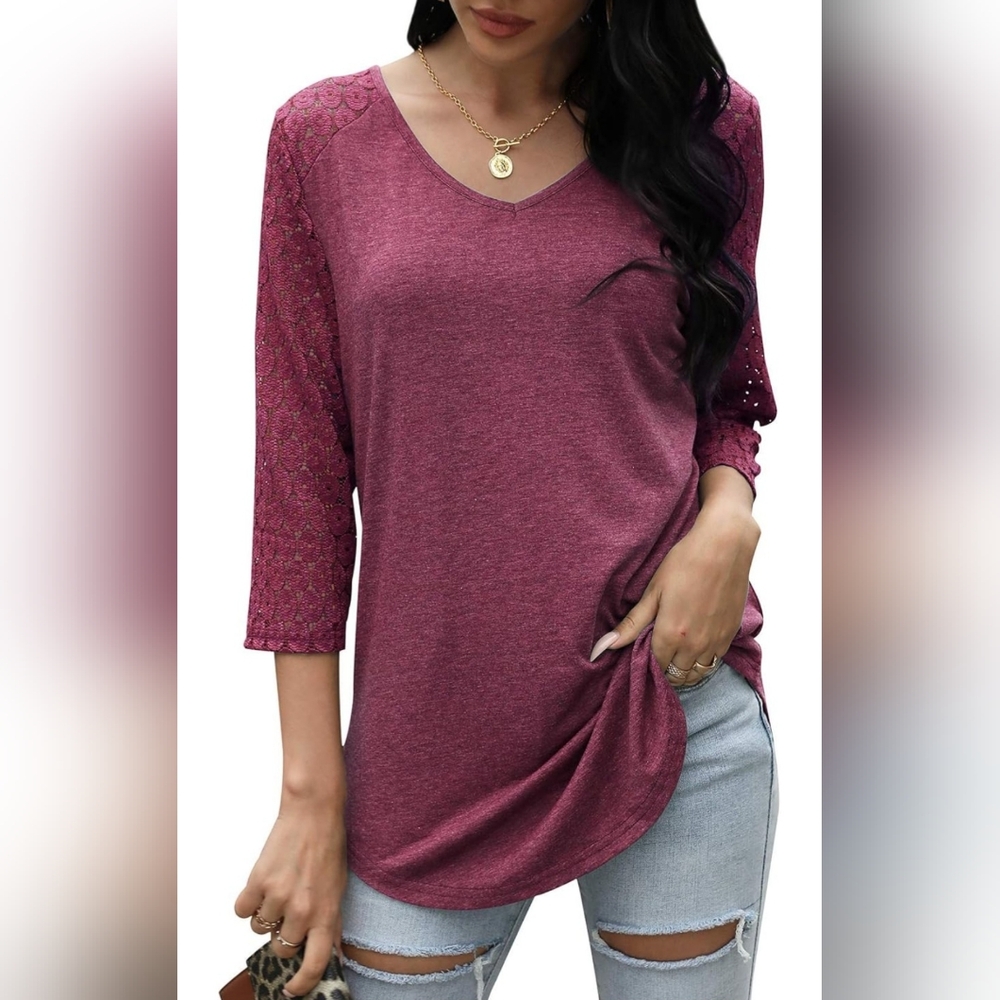 HOCOSIT Womens V-neck 3/4 Sleeve Lace - Picture 5 of 8